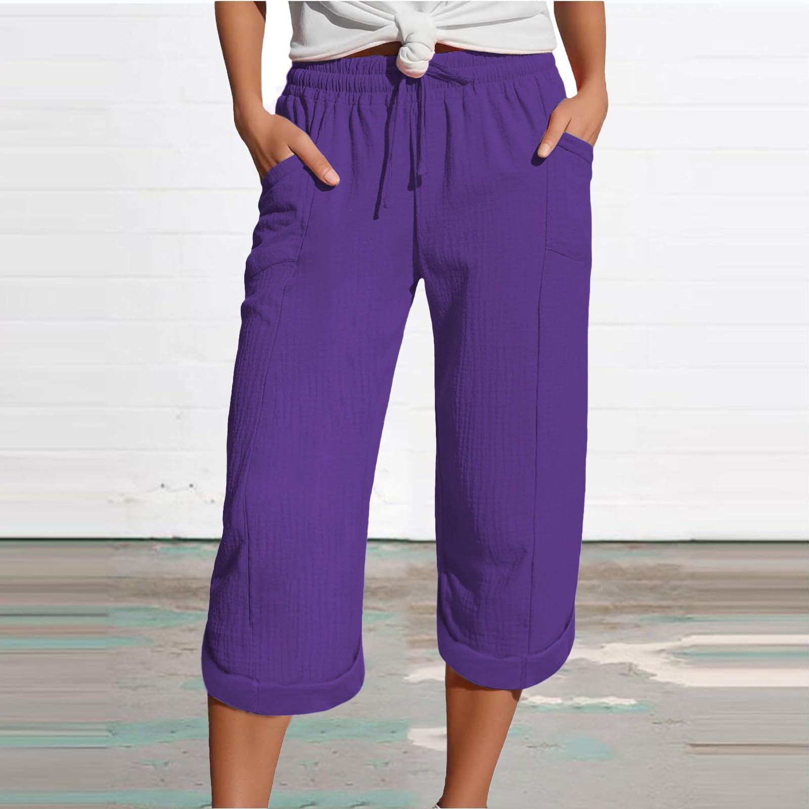 Pantalon en mousseline pour femmes, léger, en lin, avec poches, décontracté, ample, Capri, élastique, confortable, bas en tissu, 3/4