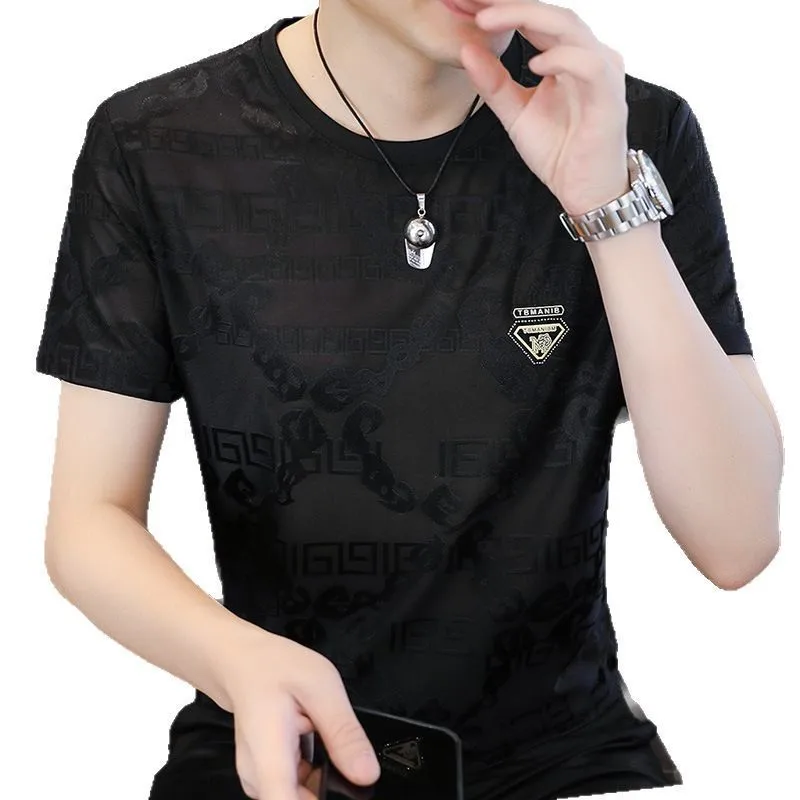 T-shirt à manches courtes en soie glacée pour homme, idéal pour la course et le fitness en été, séchage rapide, broderie, haut de sport respirant, vêtements pour homme