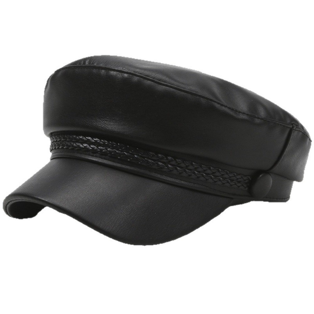 Béret rétro à dessus plat en cuir PU, visière de marin réglable, chapeau de peintre noir de Style Punk