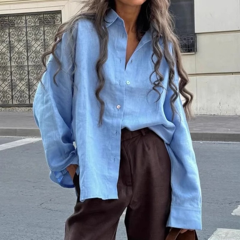 Chemisier d'été pour femme, coupe ample, élégant, à revers, manches longues, style bureau et décontracté, haut uni classique