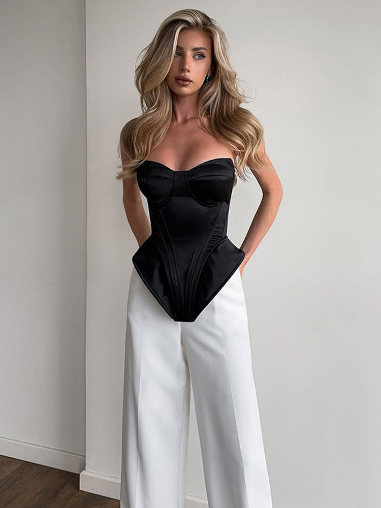 Élégant arête de poisson bretelles hauts courts femmes solide sans manches épaules nues dos nu taille haute Blouse 2025 dame tenue de fête nouveau