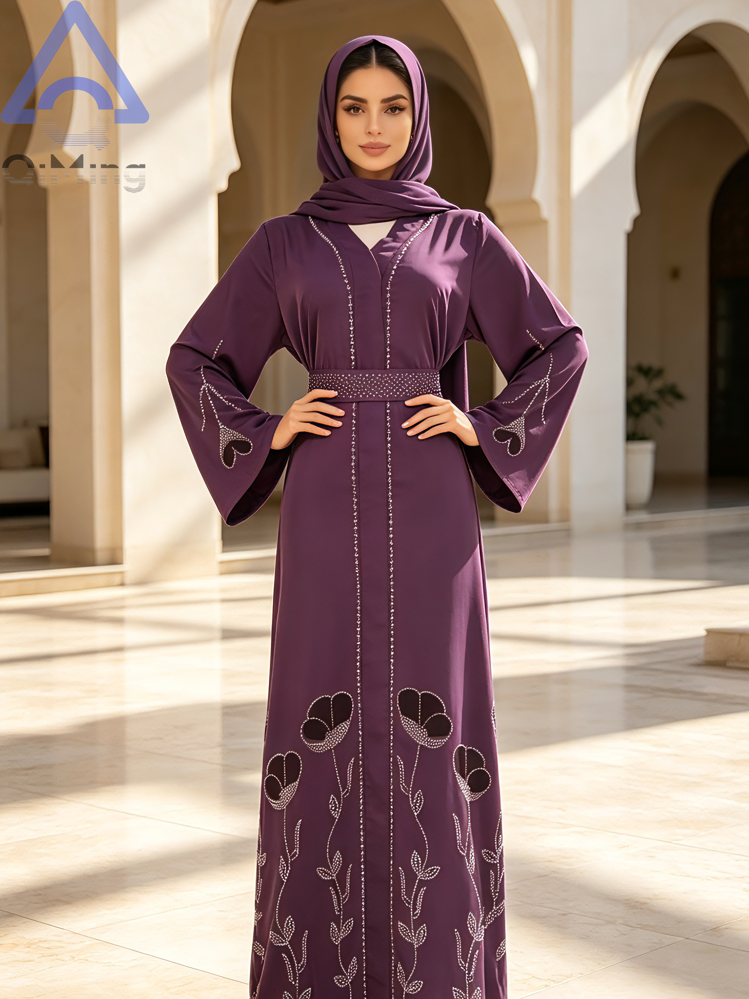 Abaya de Luxe Noire pour Femmes Musulmanes QiMing, Kaftan de Dubaï avec Strass, Jalabiya Marocaine Florale Modeste, Ceinture Élégante, Robe de Soirée Islamique
