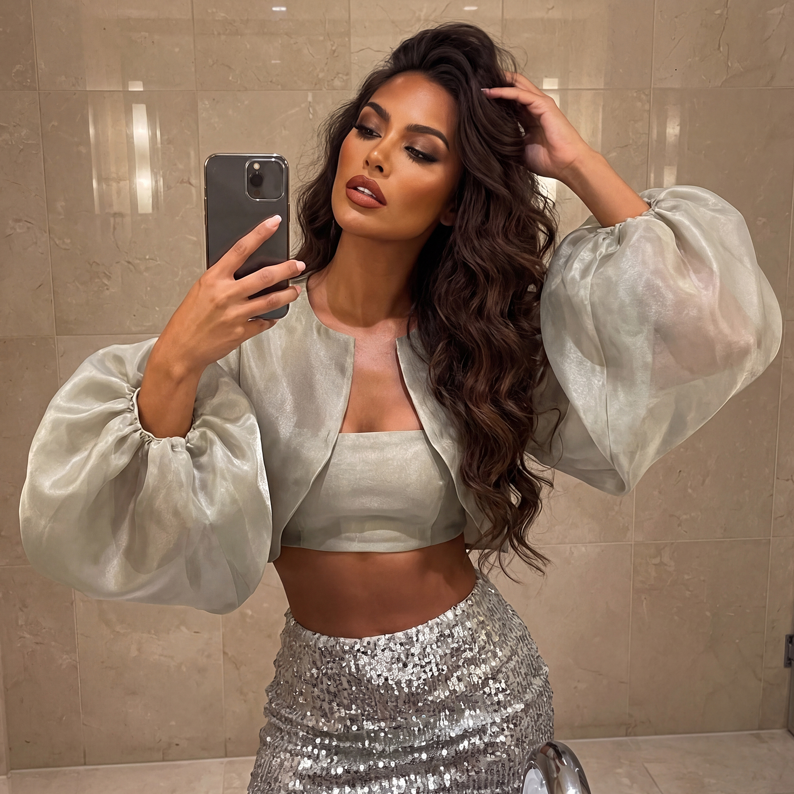 Boléros courts pour femmes, élégants et tendance, en mousseline transparente, à manches longues bouffantes, style cardigan, chemisier ou chemise