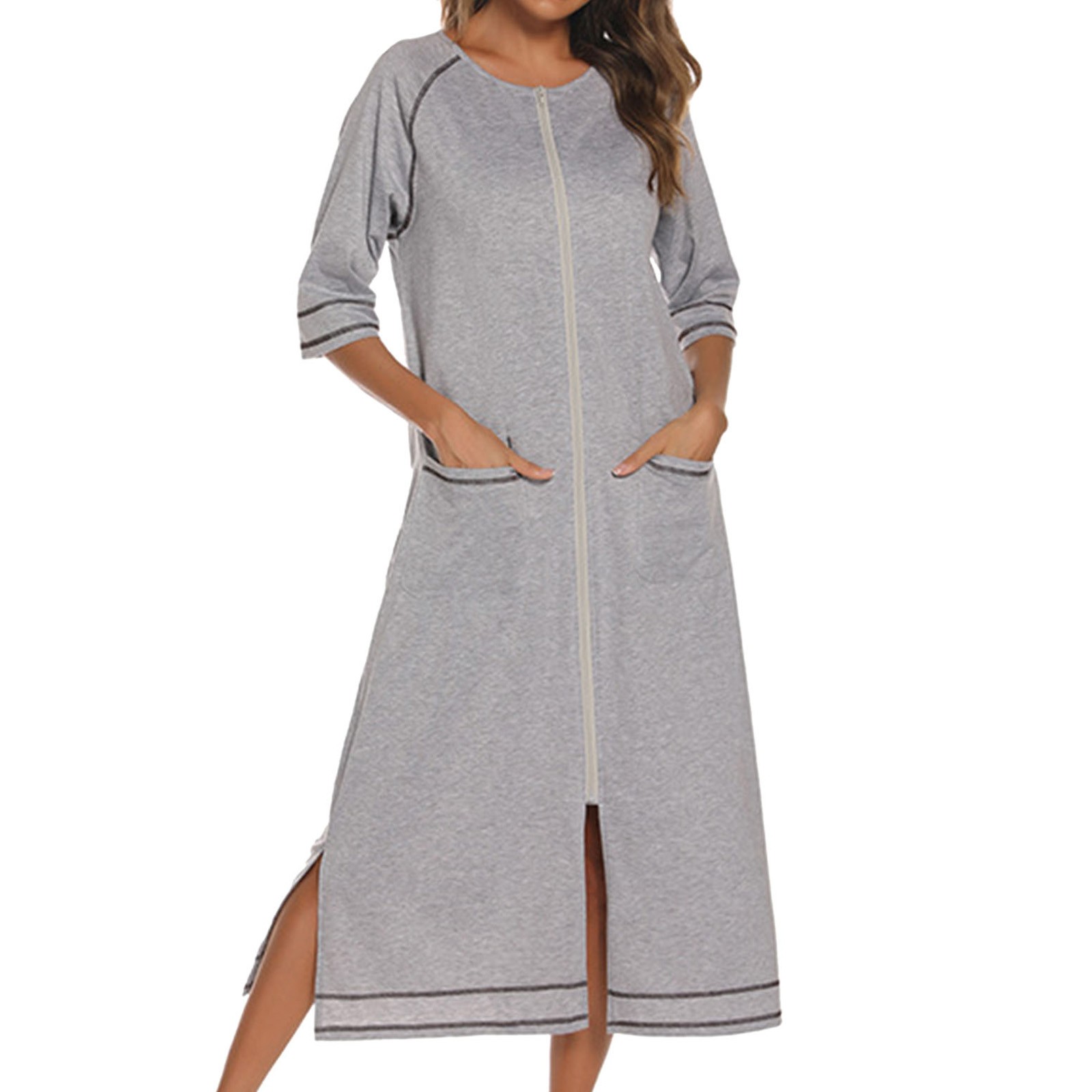 Robes d'été pour femmes, robe à fermeture éclair sur le devant, demi-manches, peignoir pleine longueur, robe plumeau en coton doux avec poches, vêtements de maison, 2024