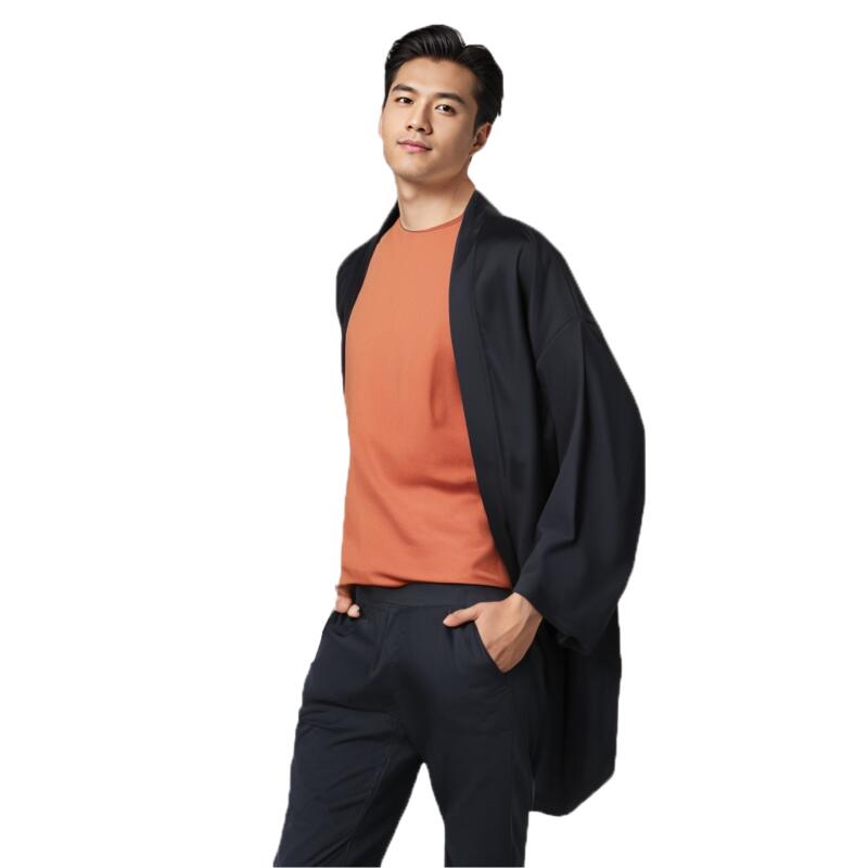 Poncho Kimono japonais Long pour hommes et femmes, couleur unie, décontracté, ample, Yukata Haori Beach, chemise Hiyoshi noire, nouvelle collection été 2024