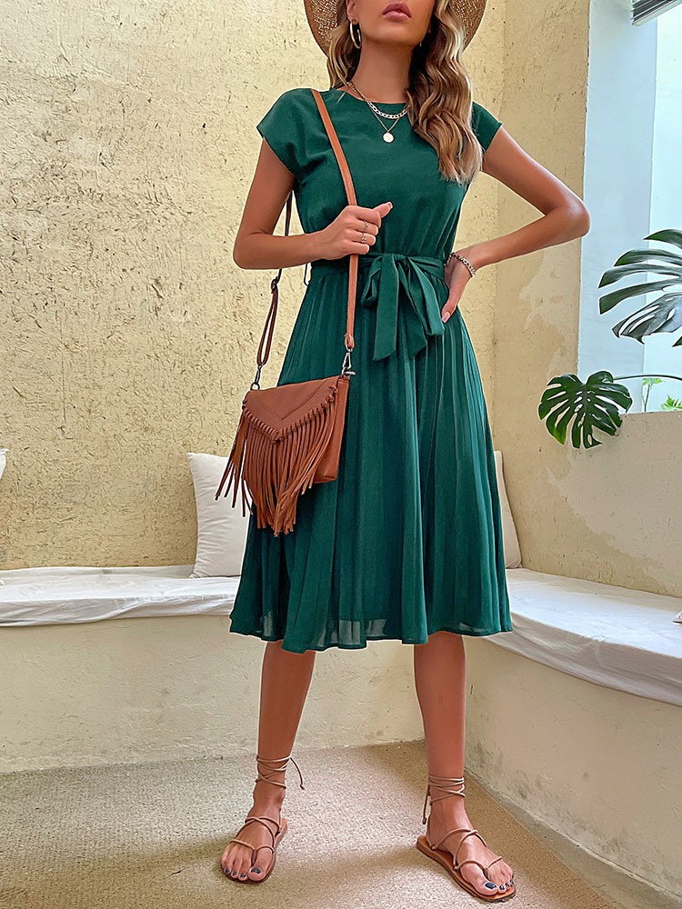 Robe de plage mi-longue plissée à manches courtes pour femmes, élégante, décontractée, couleur unie, col rond, tunique, mode, été