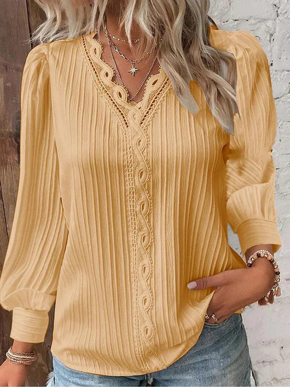 Chemise ample en dentelle pour femmes, col en v, manches longues, pull en mousseline de soie, haut d'automne, chemisier de rue Simple et élégant