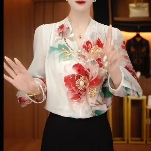 Chemisier en mousseline à col en V pour femme, manches 3/4, imprimé floral pivoine, coupe ample décontractée, hauts d'été élégants, chemise quotidienne style chinois