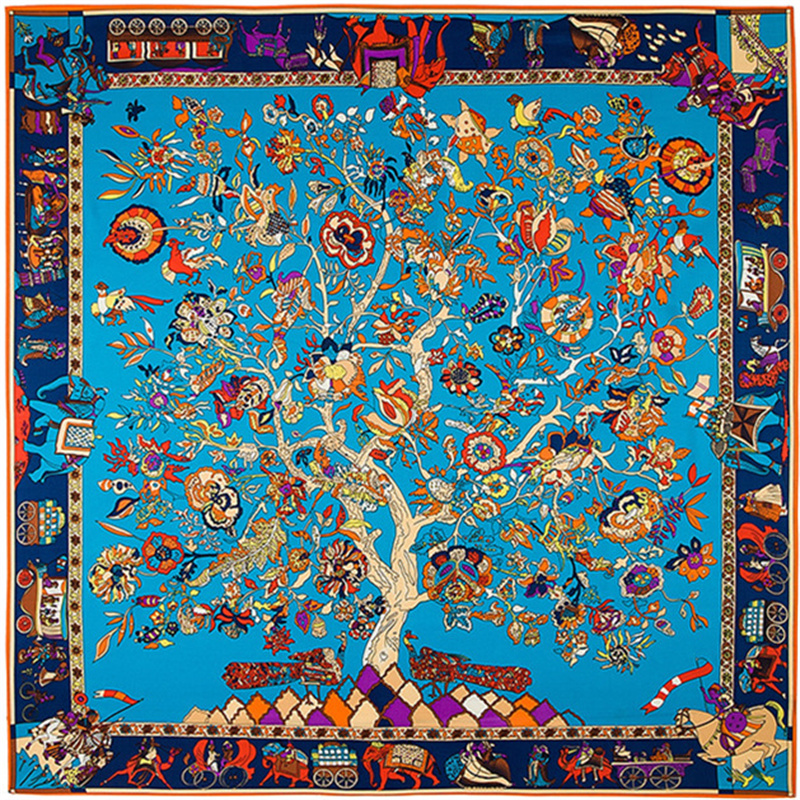 130*130 cm Foulard en soie sergé de luxe Animal Elepha arbre de vie imprimé femmes châles étoles carré Bandana Foulard Hijab femme Foulard