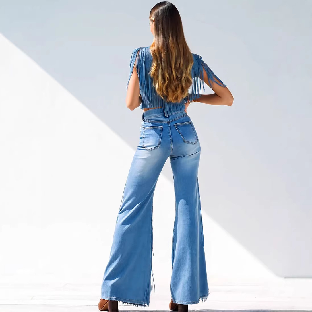 Jean en denim pour femme, bleu foncé uni, à franges, coupe ample asymétrique, style basique simple, mode américaine et européenne