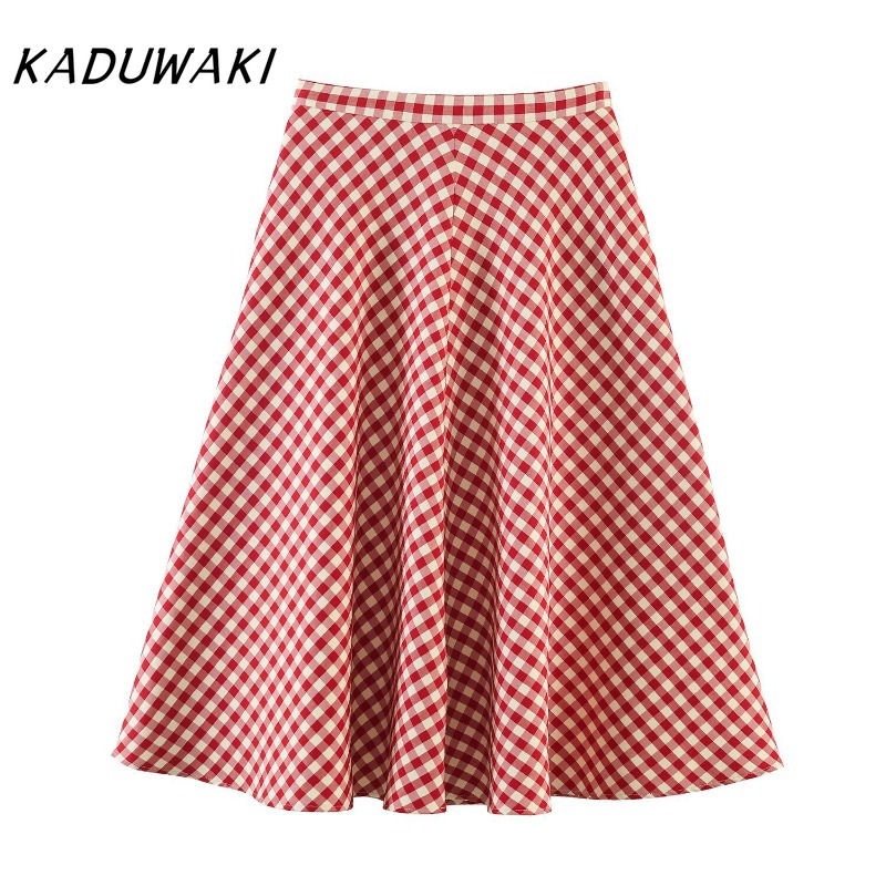 Jupe mi-longue élégante KADUWAKI pour femme, imprimé gingham rouge, coupe trapèze, ourlet évasé, taille haute, décontractée pour pique-niques et sorties en extérieur