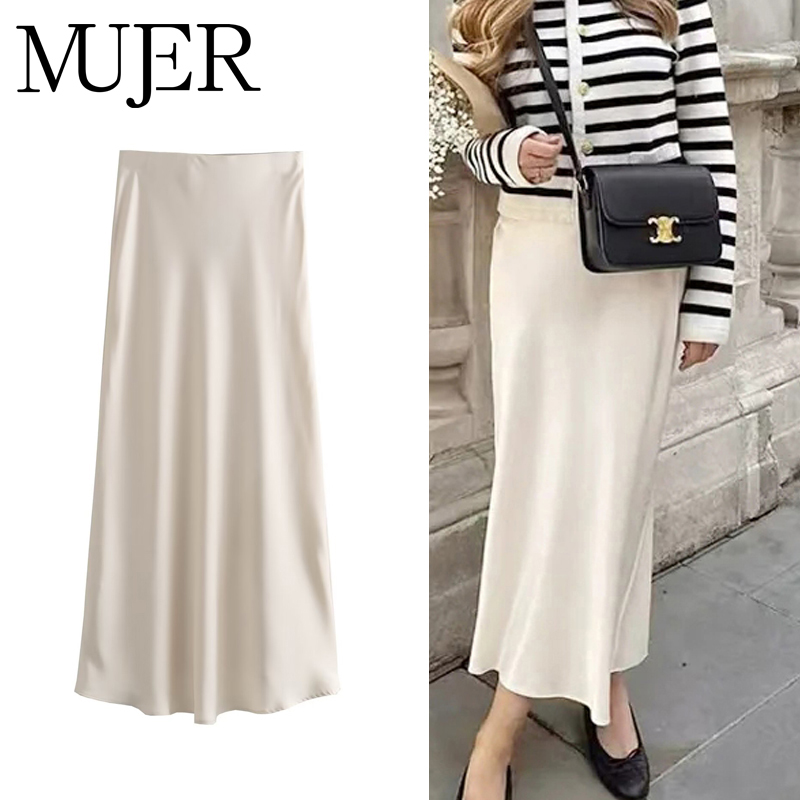MUJER Satin jupes longues pour femmes drapé taille haute jupe Midi femme été droite femmes jupe vacances plage femmes jupe