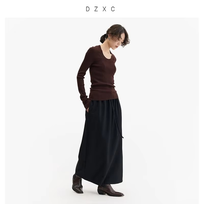 Jupe en laine 100 % avec taille élastique, jupe mi-longue taille haute pour femmes, nouveau style pour l'automne et l'hiver 2026
