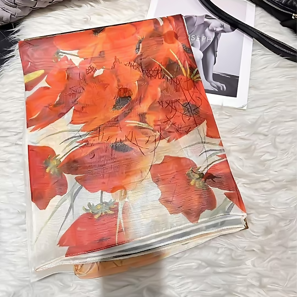 Foulard Long en Mousseline de Soie pour Femme, Rouge, Vert, Mûrier, Nouveau Design Floral de Luxe, Enveloppes d'Été, Couverture de Plage, Rond 100% x 180 cm, 110