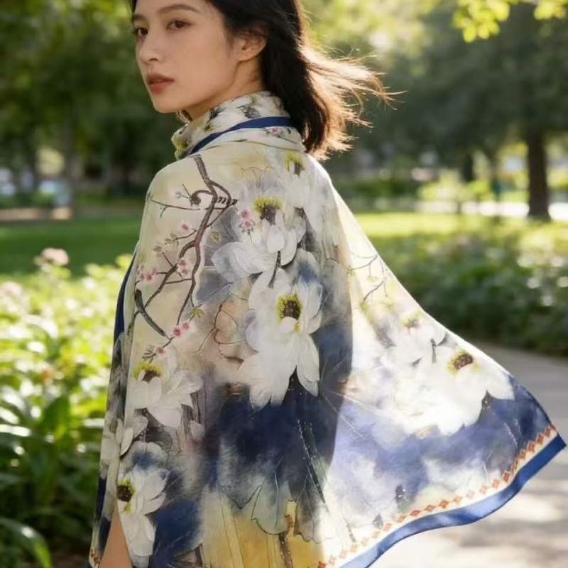 Écharpe en soie à imprimé floral haut de gamme pour femme, longue écharpe double face, style coréen, soie Xiangyun, style chinois, écharpe à fleurs découpées