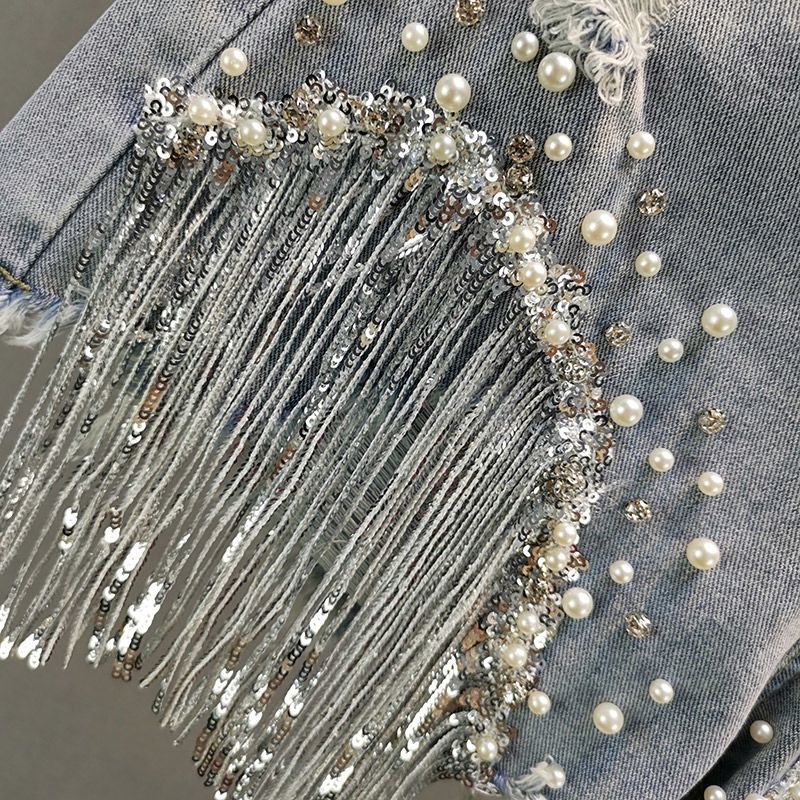 Short en jean pour femmes, vêtements d'été, nouvelle taille haute européenne, fine, industrie lourde, perles, paillettes, franges, cuivre cassé, 2025
