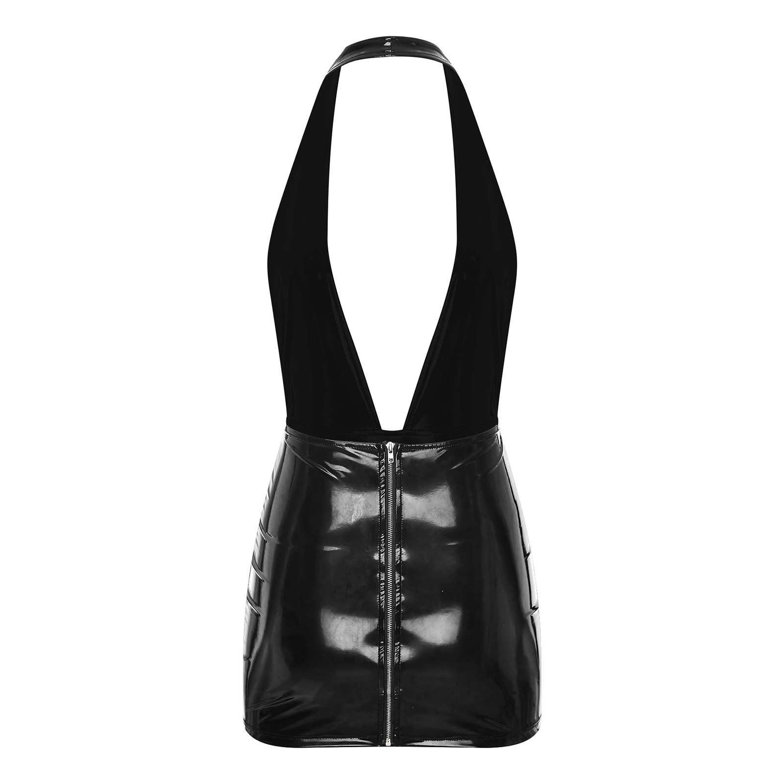 Femmes Sexy V profond dos nu Rave robe Look mouillé en cuir verni moulante mini-robe discothèque pôle danse Clubwear fête Disco