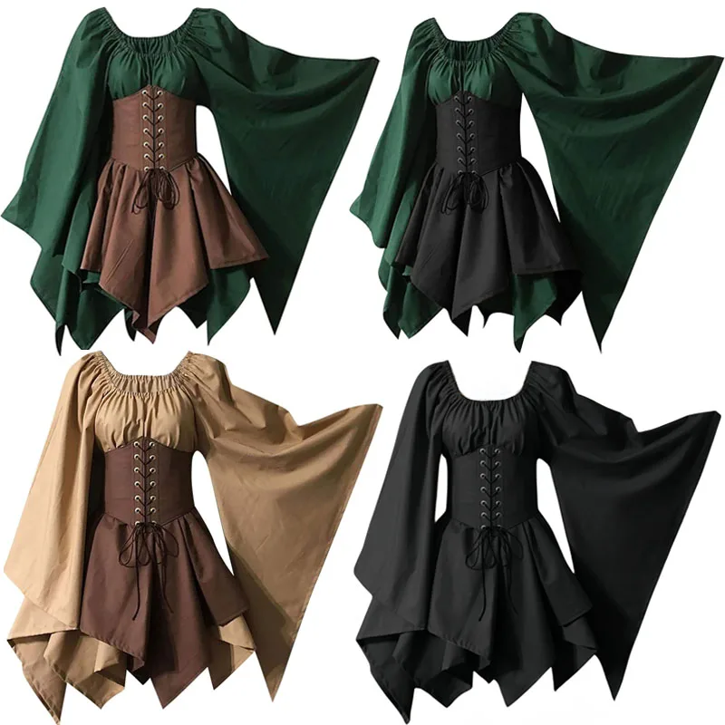 Costume médiéval européen pour femmes, Corset à manches évasées, surjupe, protection des elfes, robe fantaisie irlandaise, 2-P