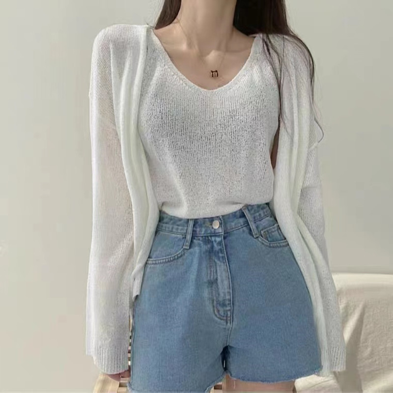 Débardeur à col en V pour femmes, chemise de protection solaire, ensembles de sucirculation, cardigan décontracté, manteau féminin, mode coréenne, 2 pièces