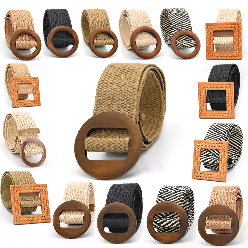 Ceinture de taille tressée Vintage pour femmes, style Boho, rond, carré, léopard, boucle en bois, fausse paille, large, offre spéciale