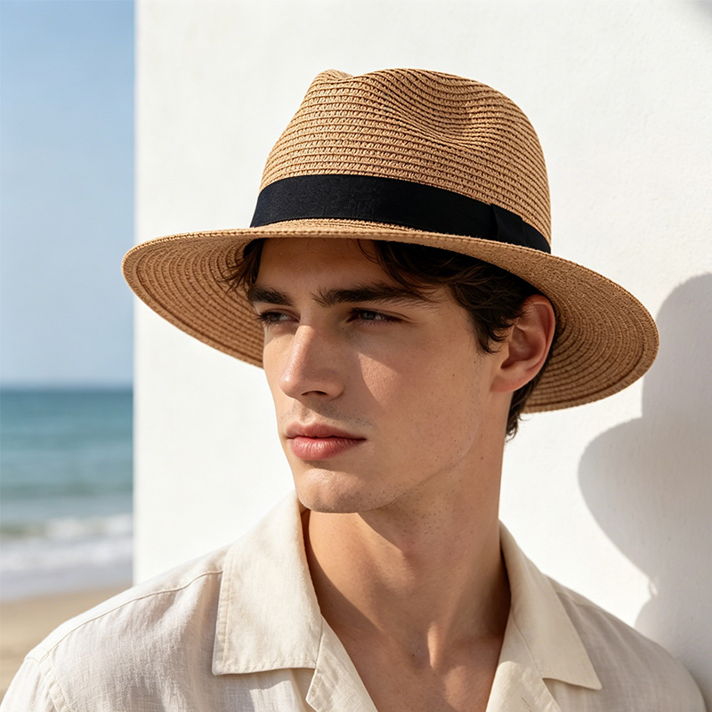 Chapeau de soleil jazz à large bord pour homme, chapeau Panama en paille dense avec ruban noir XKTYM07