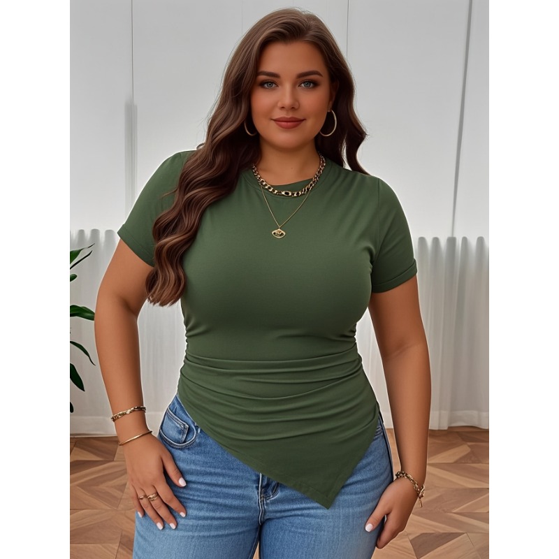 Grande taille nouveaux vêtements pour femmes Ins Style minimaliste col rond T-shirt coupe ajustée tempérament dessus de couleur unie Blouses femme