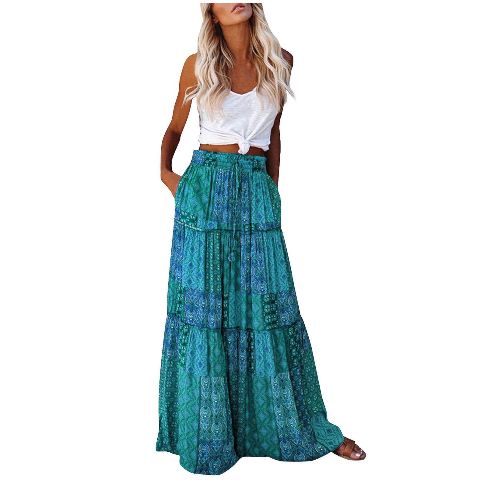 Jupe plissée taille haute à imprimé fleuri bohème pour femmes, jupe longue A-Line, mode décontractée vintage