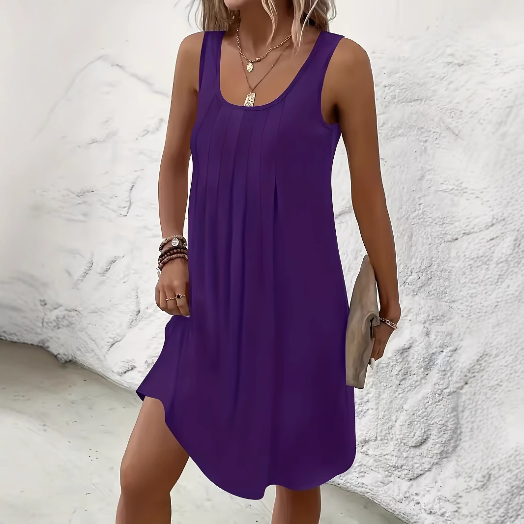 Nouvelle Robe Décontractée Femme 2026 – Débardeur Plissé Col U Coupe Ample Mini Robe Unie Douce pour l'Été, la Plage et le Quotidien