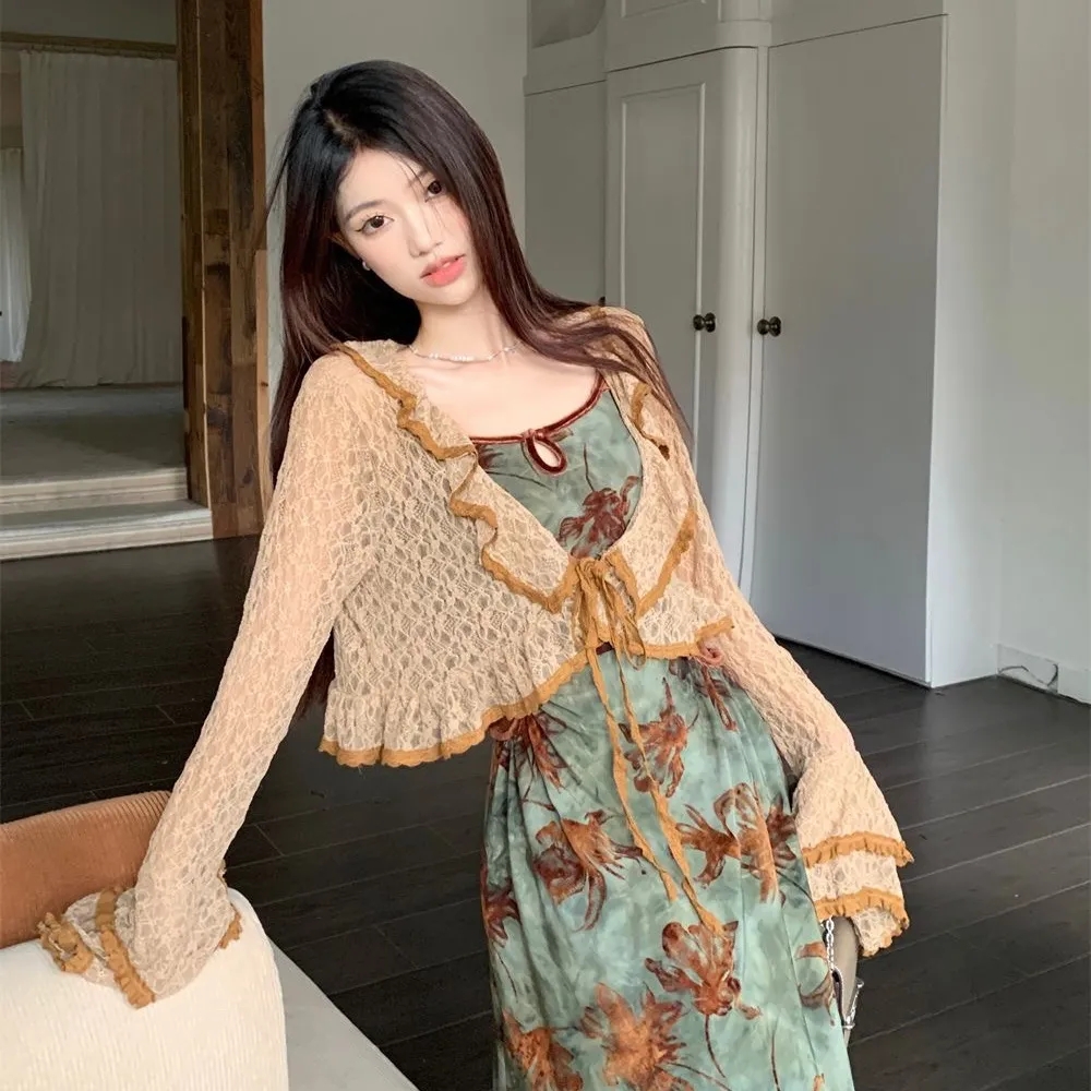 Ensemble deux pièces patchwork floral vintage pour femmes, robe maxi à volants, cardigan court, tenue à lacets, Vein Chic, doux