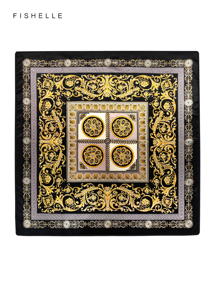 Motifs exquis noir et doré 100% foulard en soie naturelle bandeau cadeau de luxe foulard pour femme bandana hijab châle 90 cm foulard