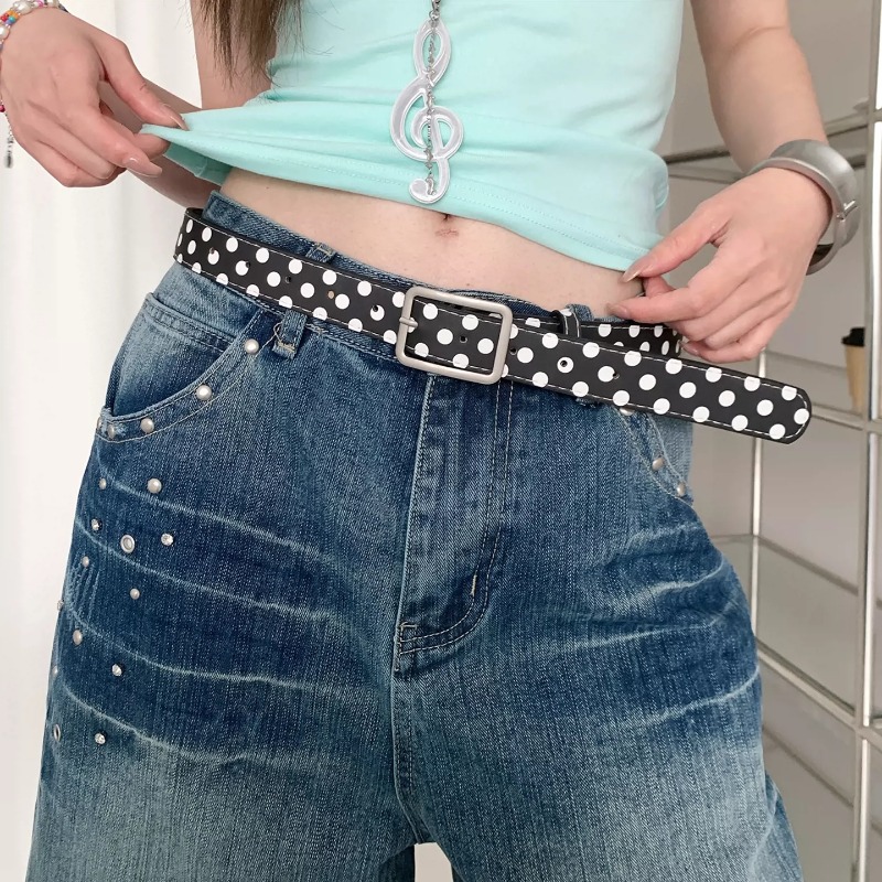 Ceinture en cuir vintage à pois noirs et blancs, élégante et ajustable, accessoire de mode pour robe, pour femme