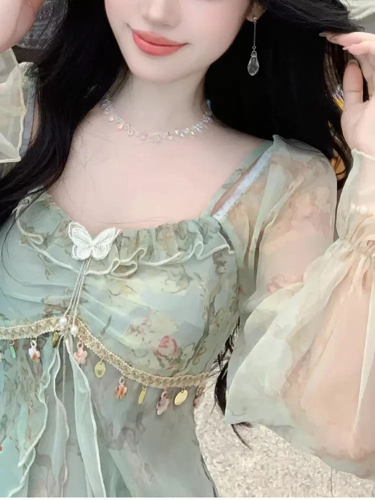 Robe longue de princesse française printemps-été pour femme, coupe ajustée, manches évasées, imprimée, pour soirée, décontractée, à volants, pour vacances en bord de mer, style féerique