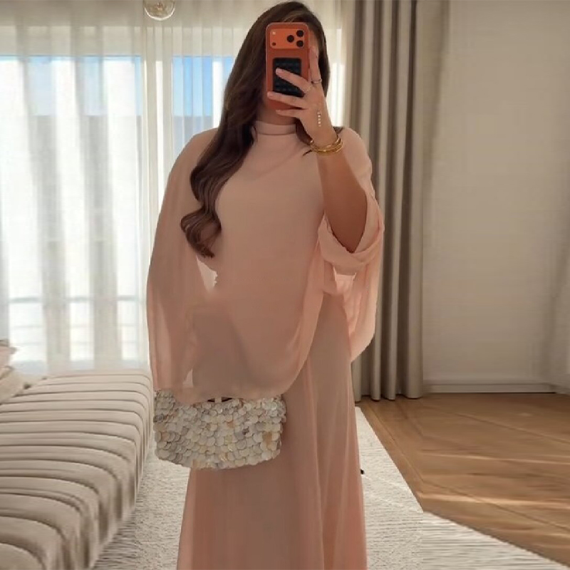 Robe longue fluide élégante rose à col montant et manches longues pour femme, nouvelle collection Printemps 2026, tenue de soirée chic