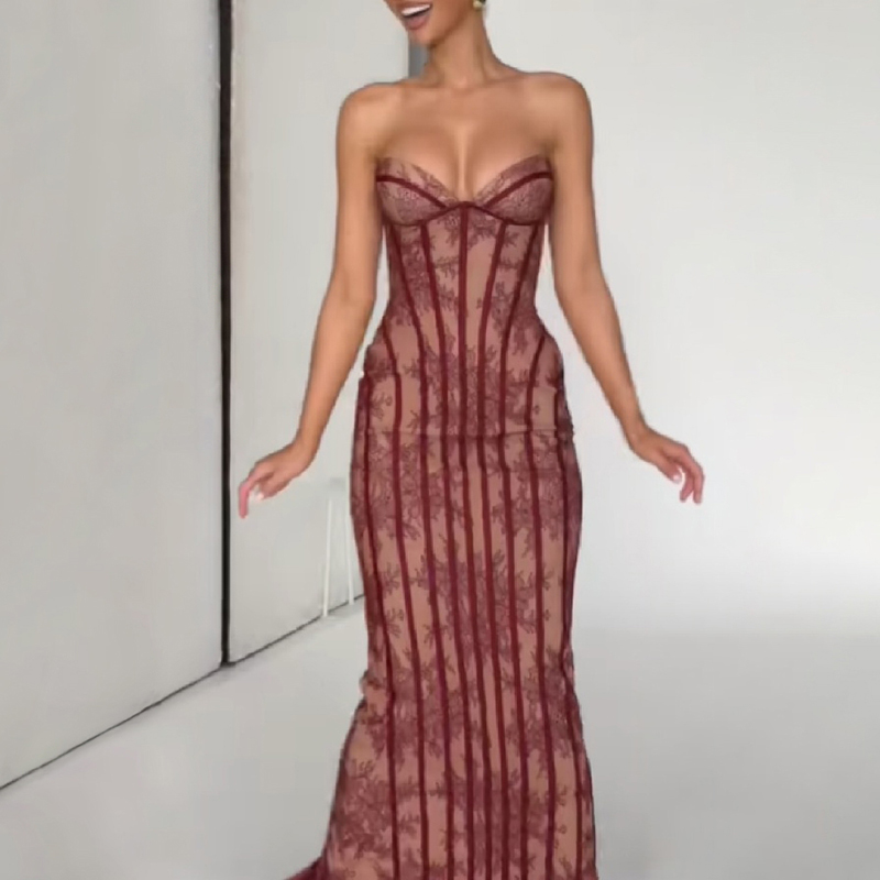 Robe de soirée élégante à rayures et imprimé floral, sexy, épaules dénudées, dos nu, taille ajustable, coupe ajustée, Vestidos 2026 pour femme