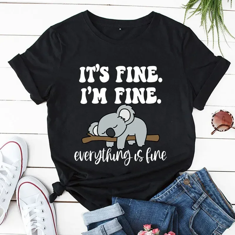 T-shirt à manches courtes pour femmes, haut imprimé Koala, décontracté, c'est bien, je suis bien, tout va bien, vêtements pour femmes de dessin animé