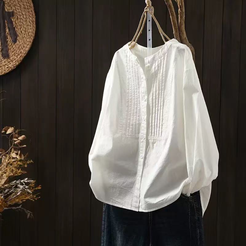 100% coton blanc noir femmes chemises élégantes automne vêtements 2025 femmes mode coréenne à manches longues hauts dames chemises plissées