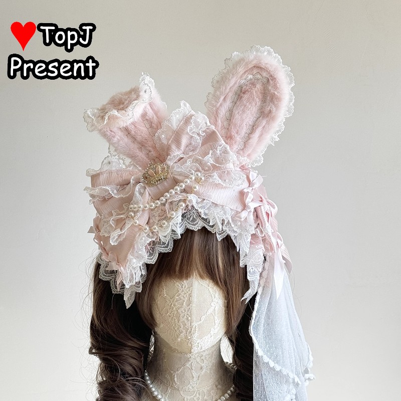Serre-tête Lolita Gothique Élégant à Oreilles de Lapin Japonais, en Dentelle et Perles, avec Volants, Accessoire de Coiffure