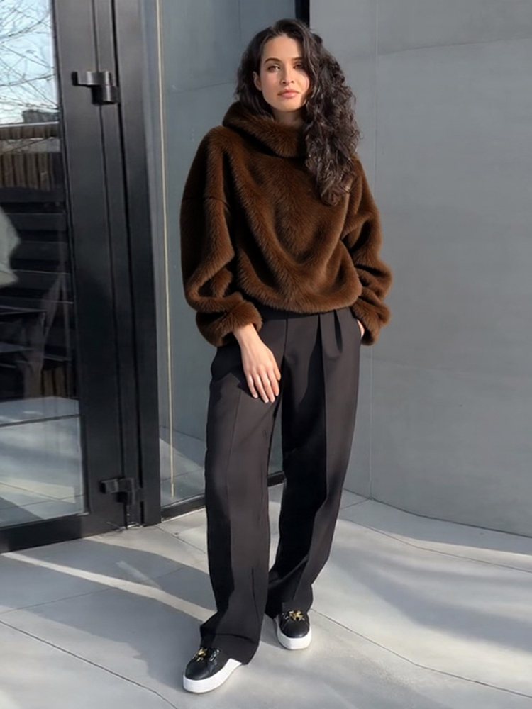 Manteau d'hiver à capuche en fausse fourrure marron pour femme, manches longues, chaud, épais, ample, pull en peluche, mode dame, nouveaux vêtements d'extérieur, 2025