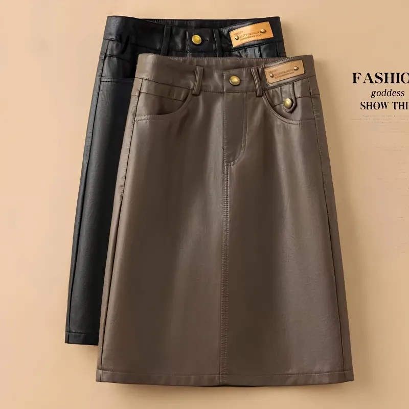 Printemps automne hiver jupe en cuir femmes nouvelle mode noir marron taille haute PU a-ligne jupes grande taille S-5XL femme jupes Midi