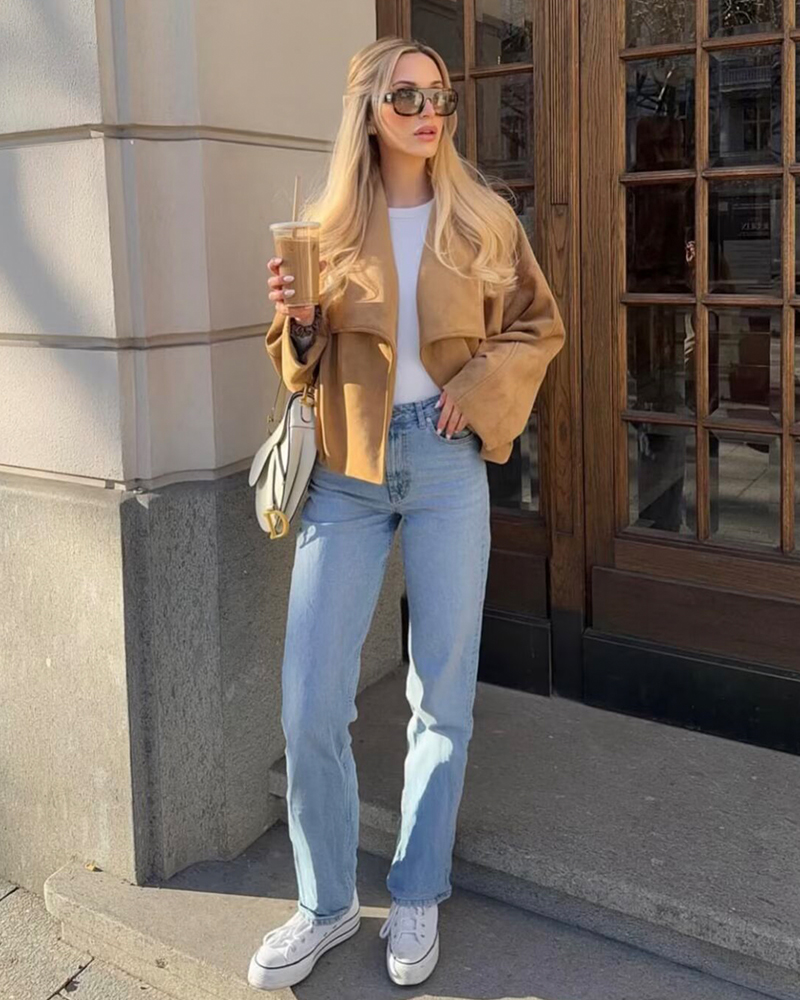 Manteau enveloppant en suède texturé pour femme, nouvelle collection printemps 2026, veste décontractée chic pour femme