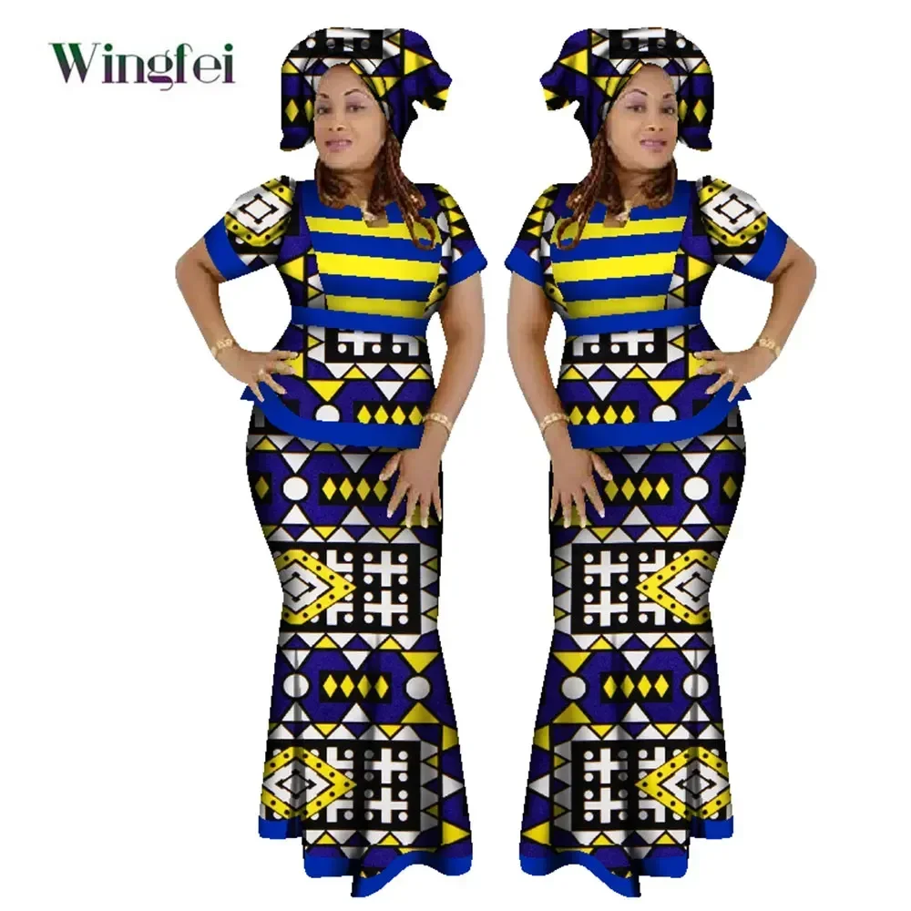 Ensemble 3 pièces de vêtements africains pour femmes, haut court à rayures et jupe avec écharpe de tête, Kanga africain, WY1210