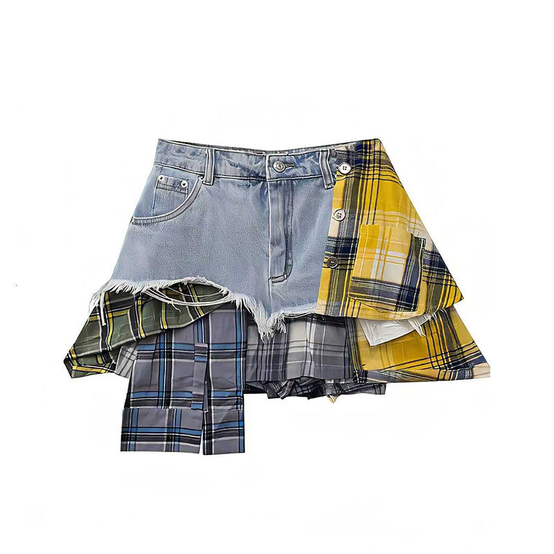 Jupe en jean pour femmes, Patchwork à carreaux colorés, déconstruit irrégulier, ligne a, taille haute, Mini jupe, nouvelle mode été 2025, Vintage
