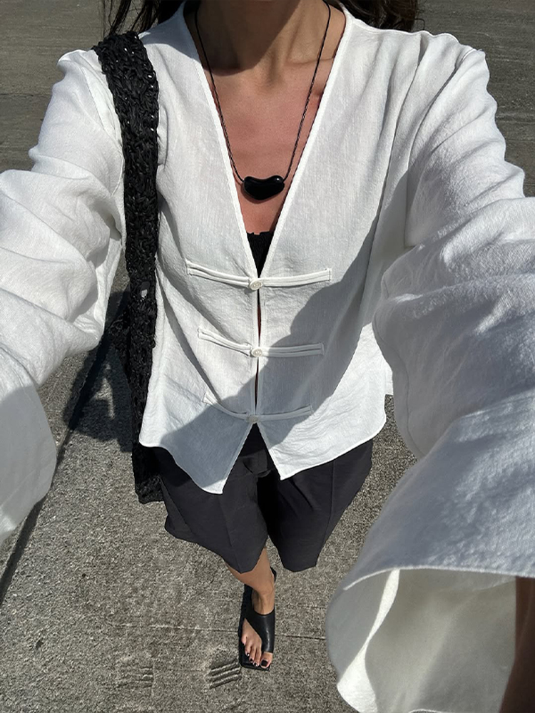 Chemisier Chic en Lin et Coton à Manches Longues pour Femme, Col en V, Boutonnage Simple, Collection Printemps-Été 2026, Idéal pour les Vacances et la Plage