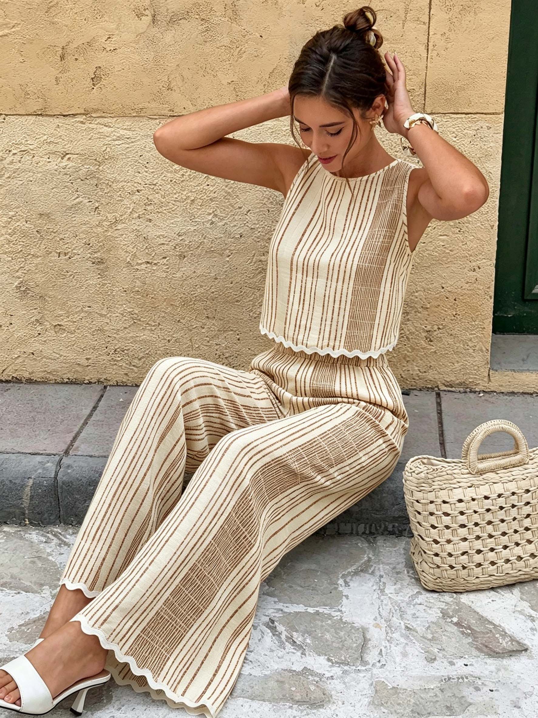 Ensemble de pantalons élégants imprimés en tissu simili lin pour femmes, vêtements sophistiqués pour femmes
