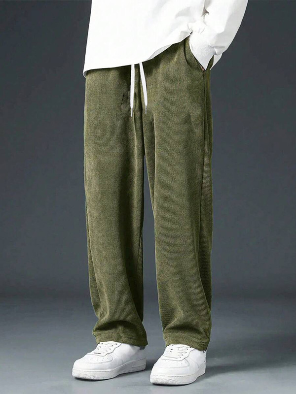 Pantalon Classique en Velours Côtelé Droit pour Homme – Kaki, Noir, Gris – Coupe Ample Tendance avec Taille Élastique – Doux, Extensible, Décontracté – Vêtements Masculins