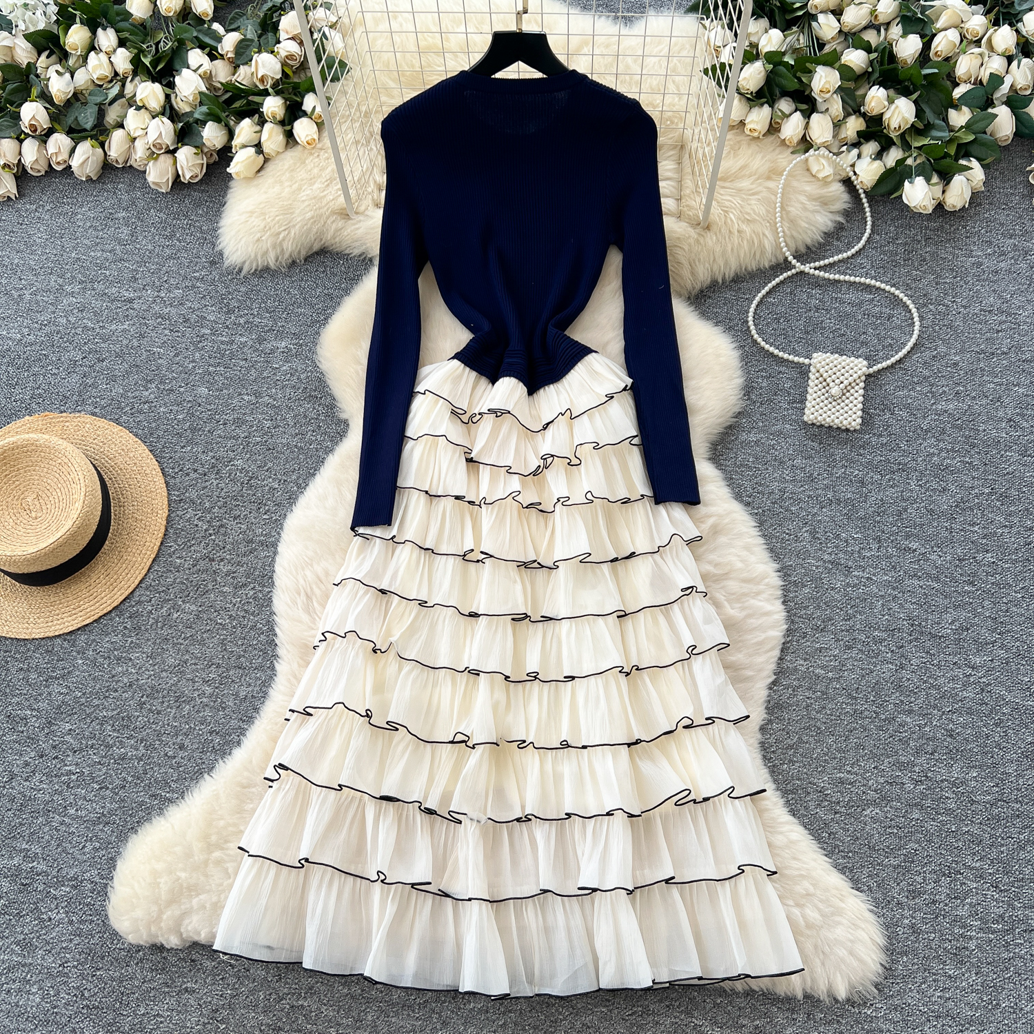 Robes longues à fleurs en tricot, élégantes et Chic, à plusieurs niveaux, pour soirée française, High Street, vêtements pour femmes, automne et hiver