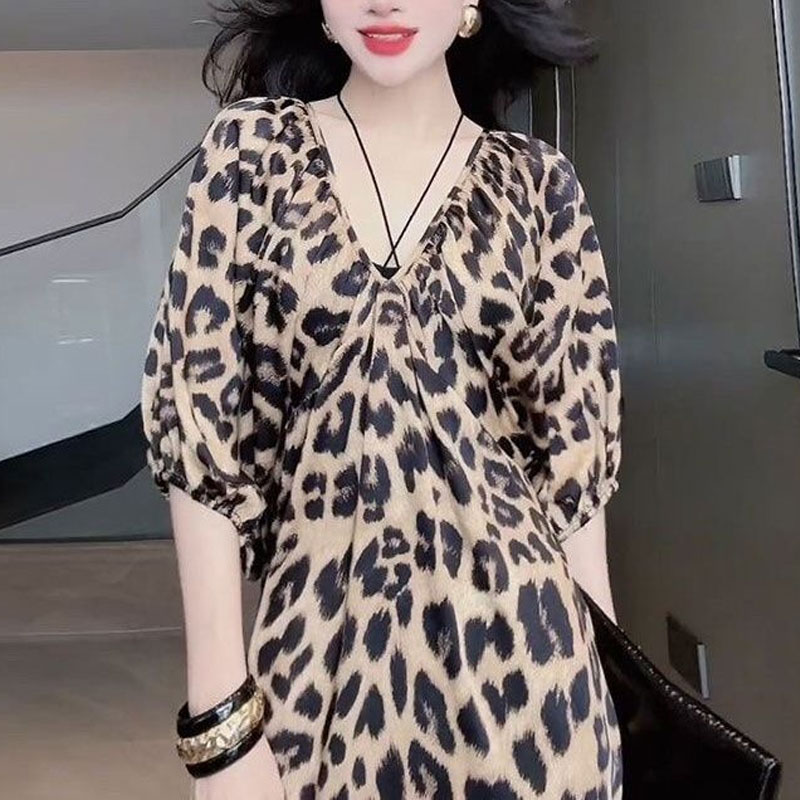 Robe longue léopard décontractée à manches mi-longues pour femmes, col en V, plis, ceintures trapèze, vêtements élégants, mode d'été, sexy
