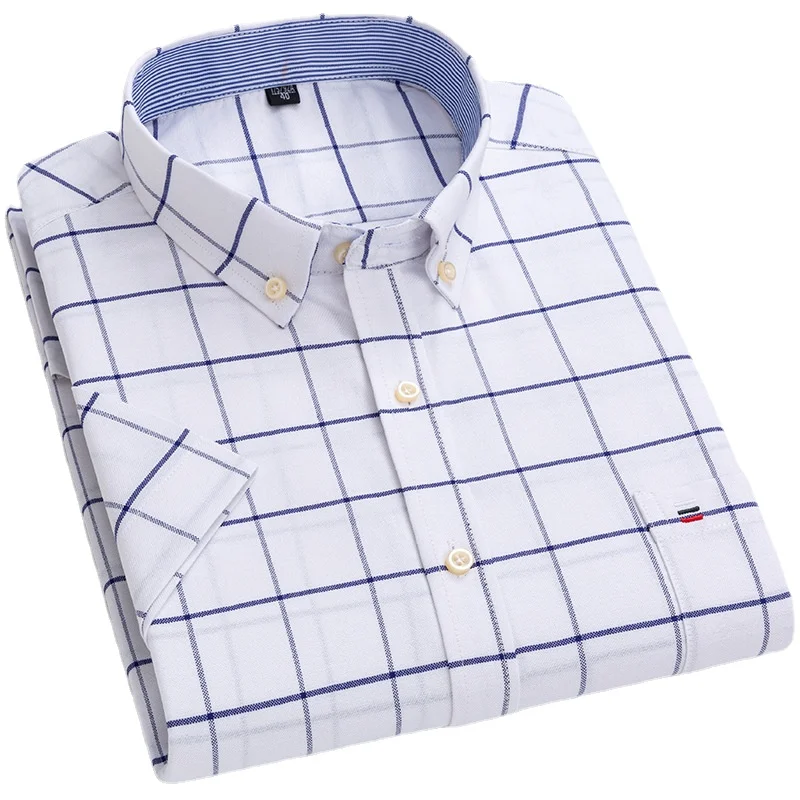 Chemise rayée à carreaux à manches courtes pour hommes, chemises en coton, blanc, décontracté, affaires, coupe régulière, grande taille, S-7XL, été, nouveau