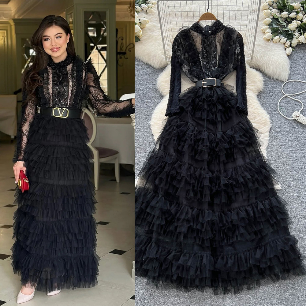 Robe de soirée longue en maille pour femmes, tenue à volants, col montant, manches longues, ligne A épissée, taille haute, pour mariage