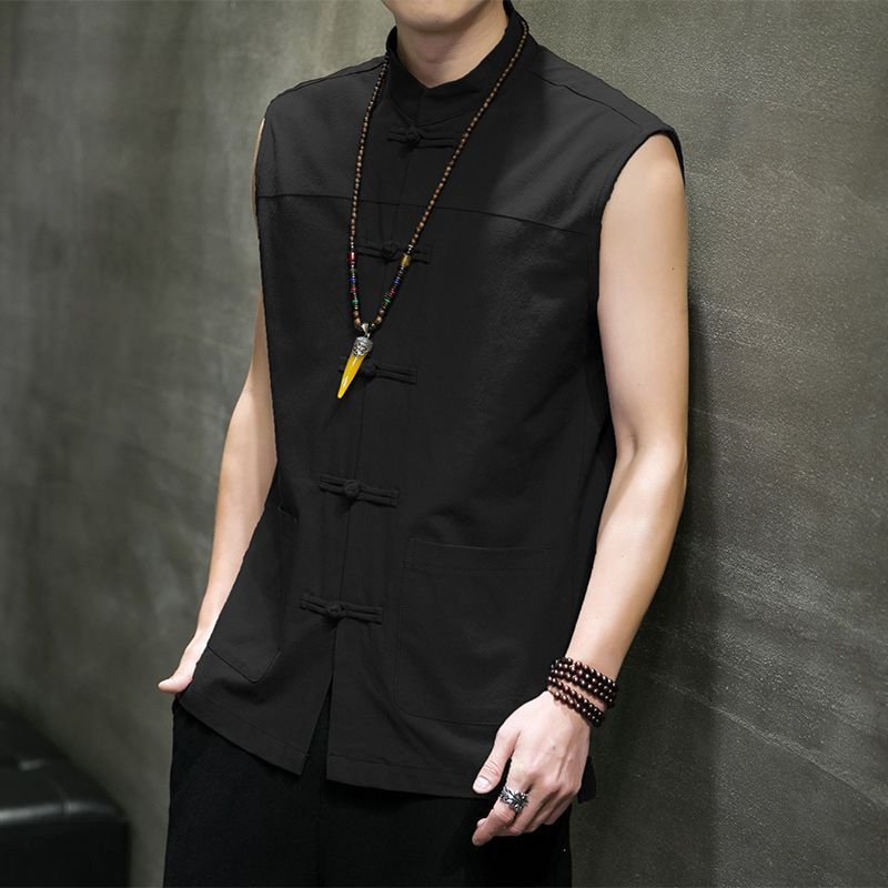 Gilet traditionnel chinois pour homme, chemise sans manches ample à boutons grenouille, col mandarin, devant ouvert, grande taille, haut Hanfu ancien